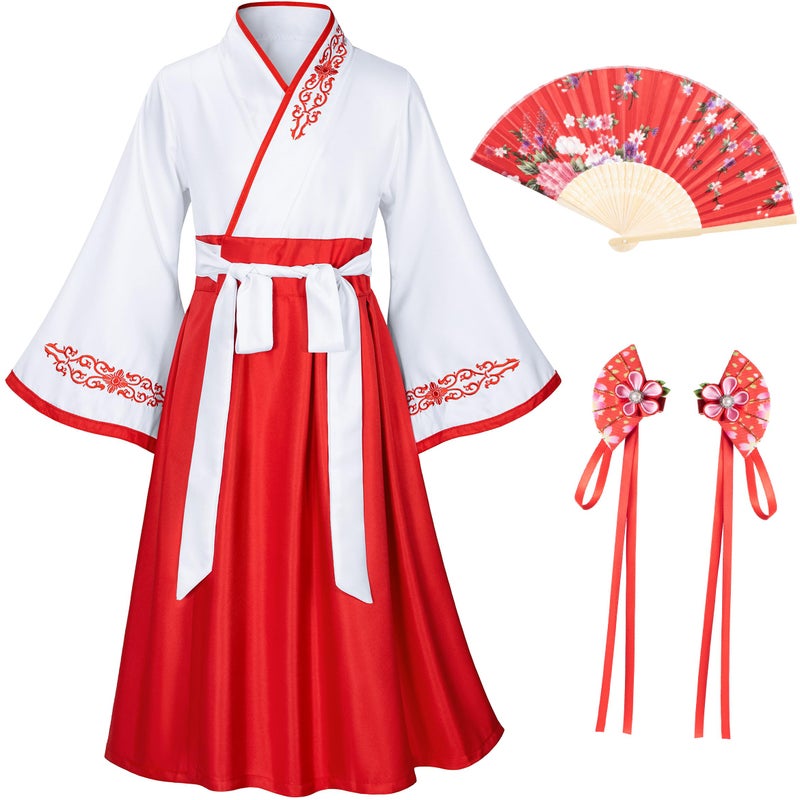 Elibelle Asian Traditional Dress Kimono Robe for Kids Girls Costume Silk Folding Fans hairstick Cosplay(White Red 110cm - Image 3